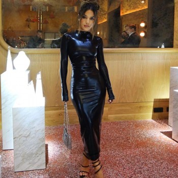 Black Midi Bodycon Dress Sexy Women Turtleneck Long Sleeve Pu Leather